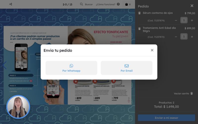 Envío del pedido por WhatsApp o email