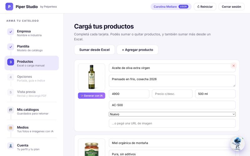 Piper Studio: carga de productos